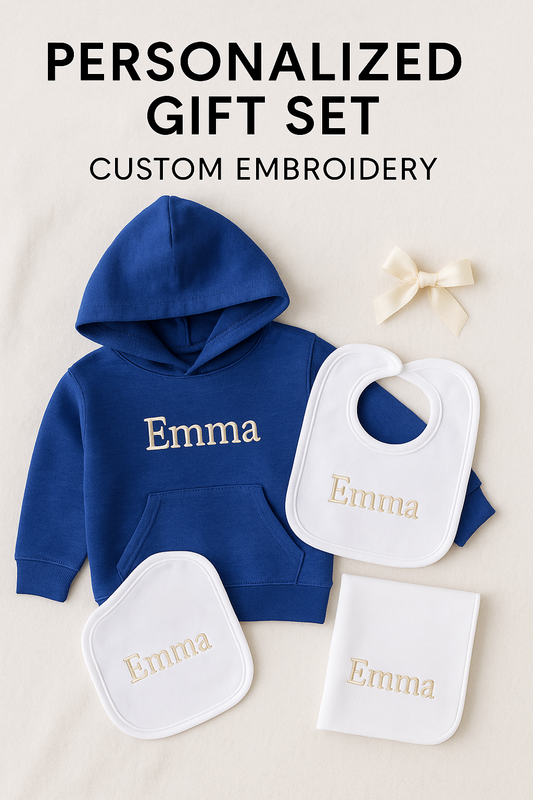 Personalized Baby Gift Set – Custom Hoodie (Embroidered) + Printed Bib & Burp Cloth – Baby Shower Gift – Made in USA
