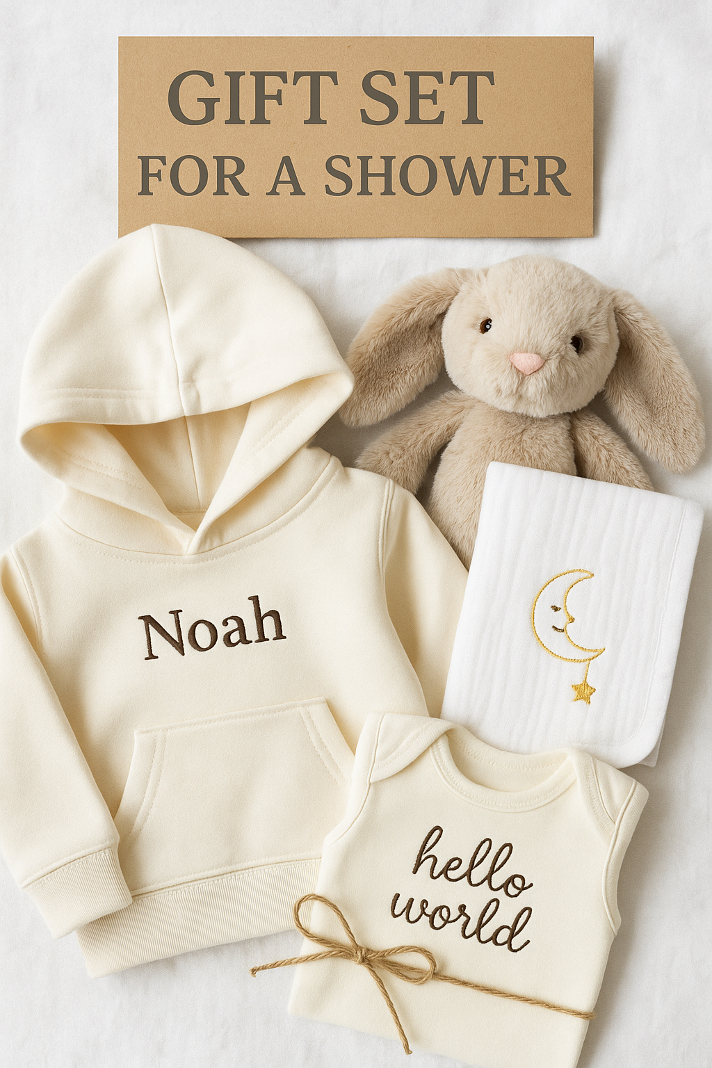 Personalized Baby Gift Set – Custom Hoodie (Embroidered) + Printed Bib & Burp Cloth – Baby Shower Gift – Made in USA