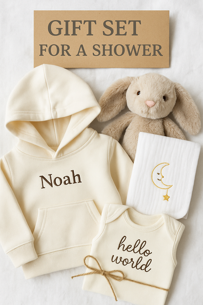 Personalized Baby Gift Set – Custom Hoodie (Embroidered) + Printed Bib & Burp Cloth – Baby Shower Gift – Made in USA