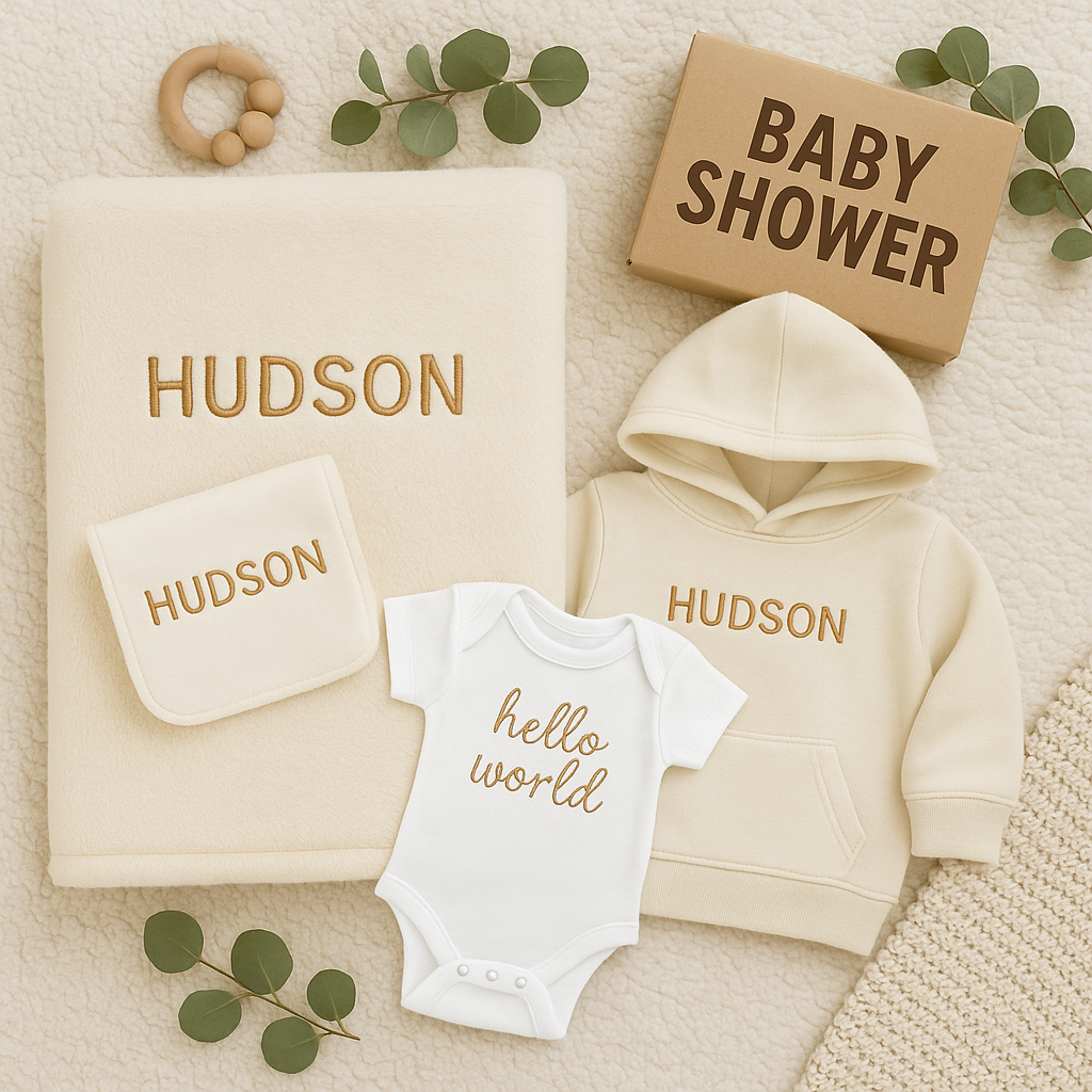 Personalized Baby Gift Set – Custom Hoodie (Embroidered) + Printed Bib & Burp Cloth – Baby Shower Gift – Made in USA