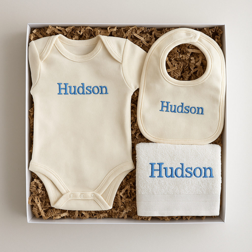 Luxury Baby Boy Gift Box – Personalized Bodysuit, Bib, Hoodie, Towel & Blanket Options