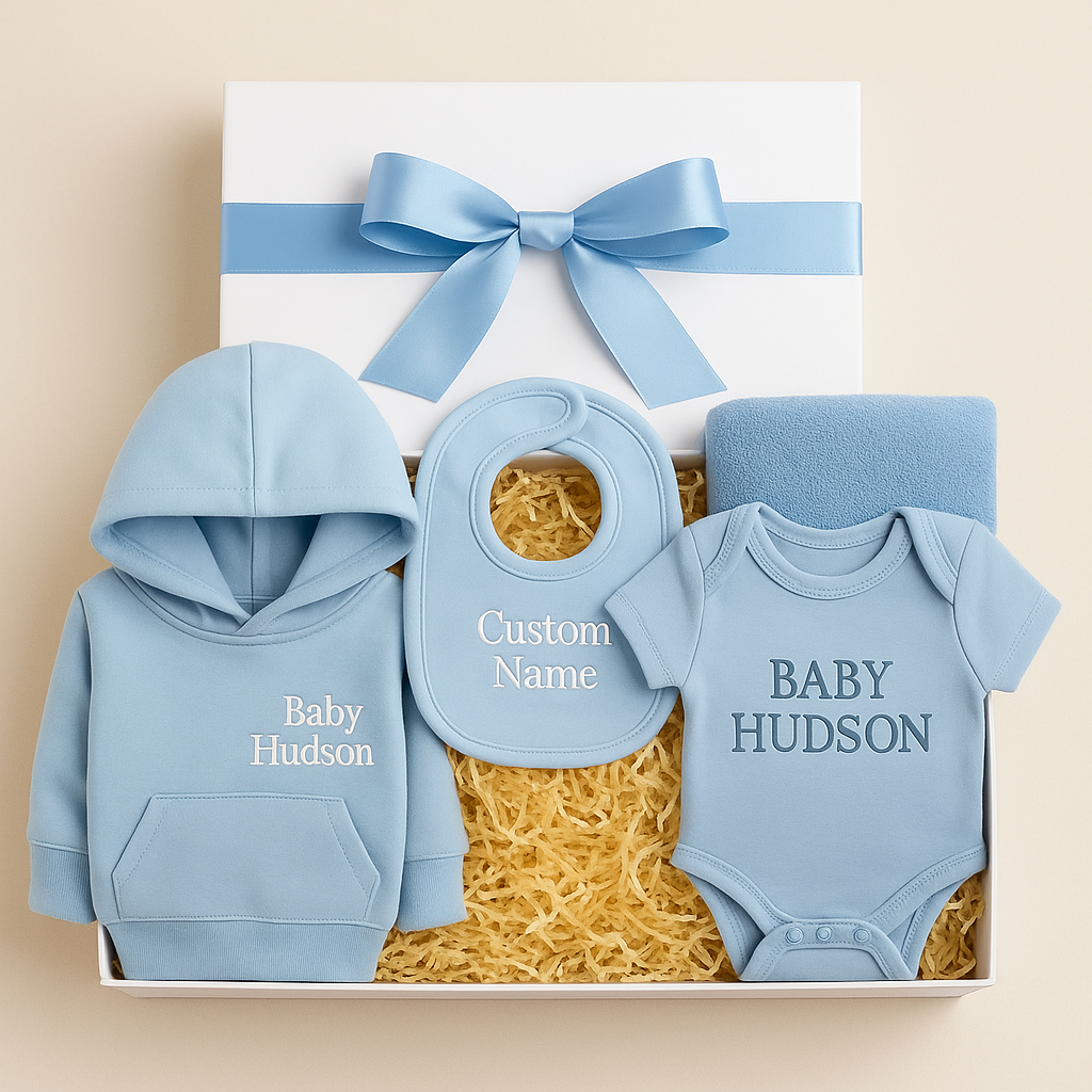 Luxury Baby Boy Gift Box – Personalized Bodysuit, Bib, Hoodie, Towel & Blanket Options