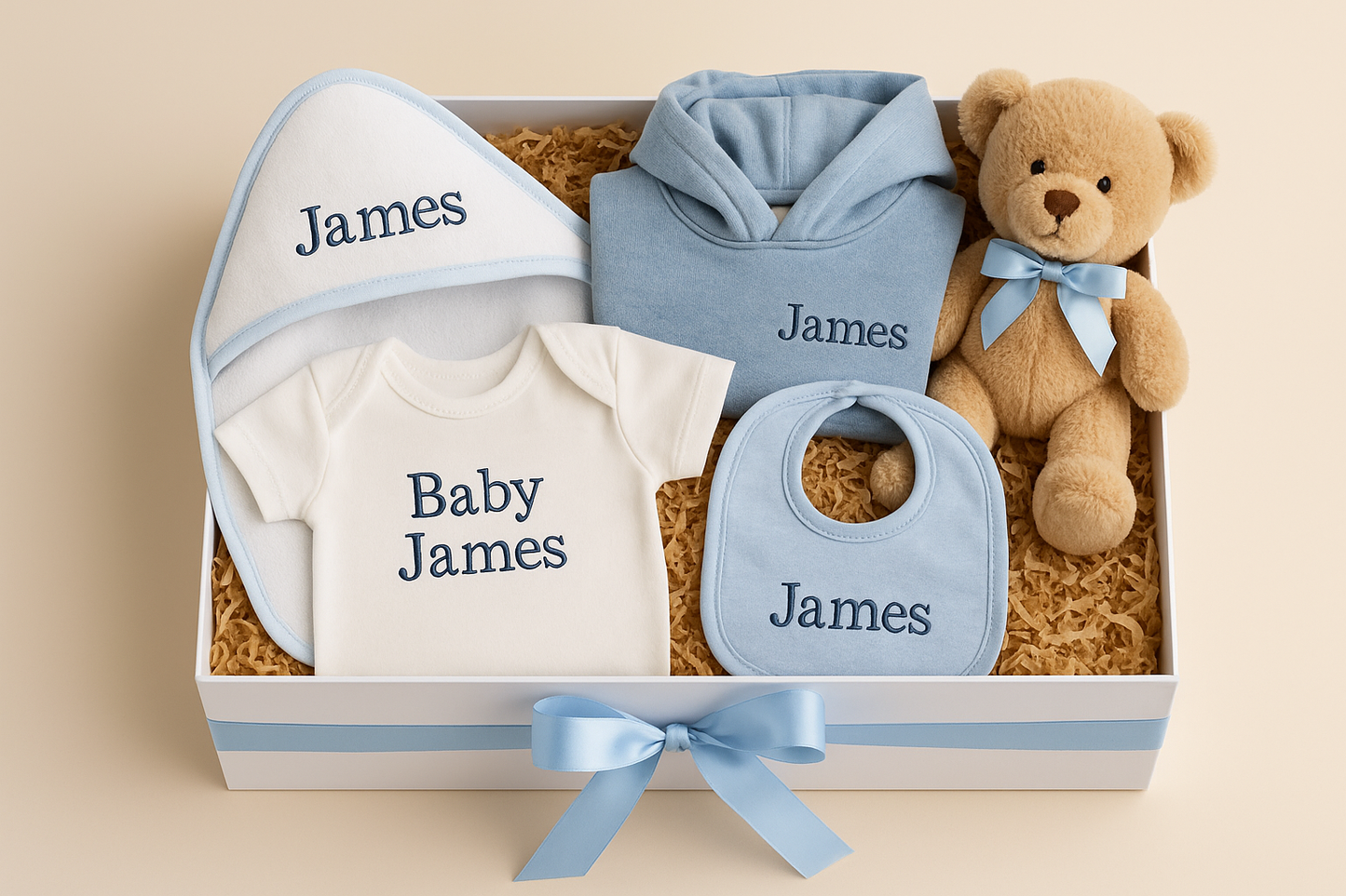 Luxury Baby Boy Gift Box – Personalized Bodysuit, Bib, Hoodie, Towel & Blanket Options