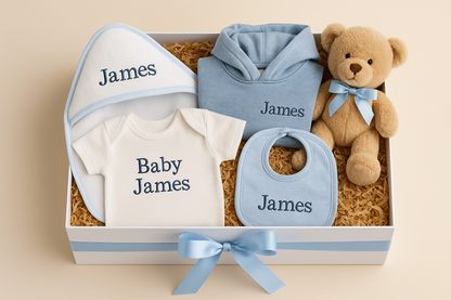 Luxury Baby Boy Gift Box – Personalized Bodysuit, Bib, Hoodie, Towel & Blanket Options