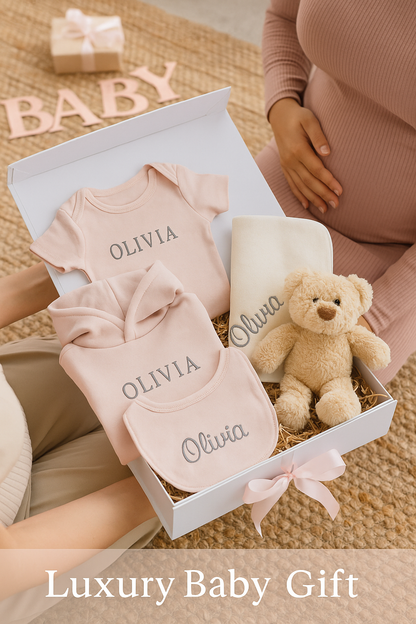 Luxury Baby Boy Gift Box – Personalized Bodysuit, Bib, Hoodie, Towel & Blanket Options