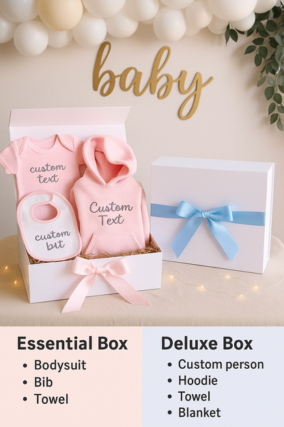 Luxury Baby Boy Gift Box – Personalized Bodysuit, Bib, Hoodie, Towel & Blanket Options
