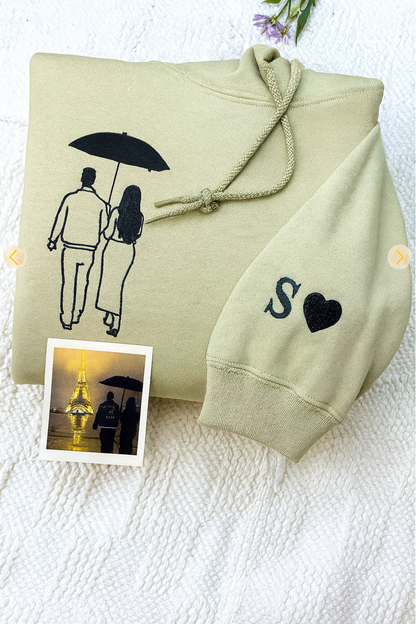 Custom Portrait Hoodie – Embroidered Outline Photo Sweatshirt for Couples
