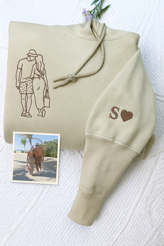 Custom Portrait Hoodie – Embroidered Outline Photo Sweatshirt for Couples