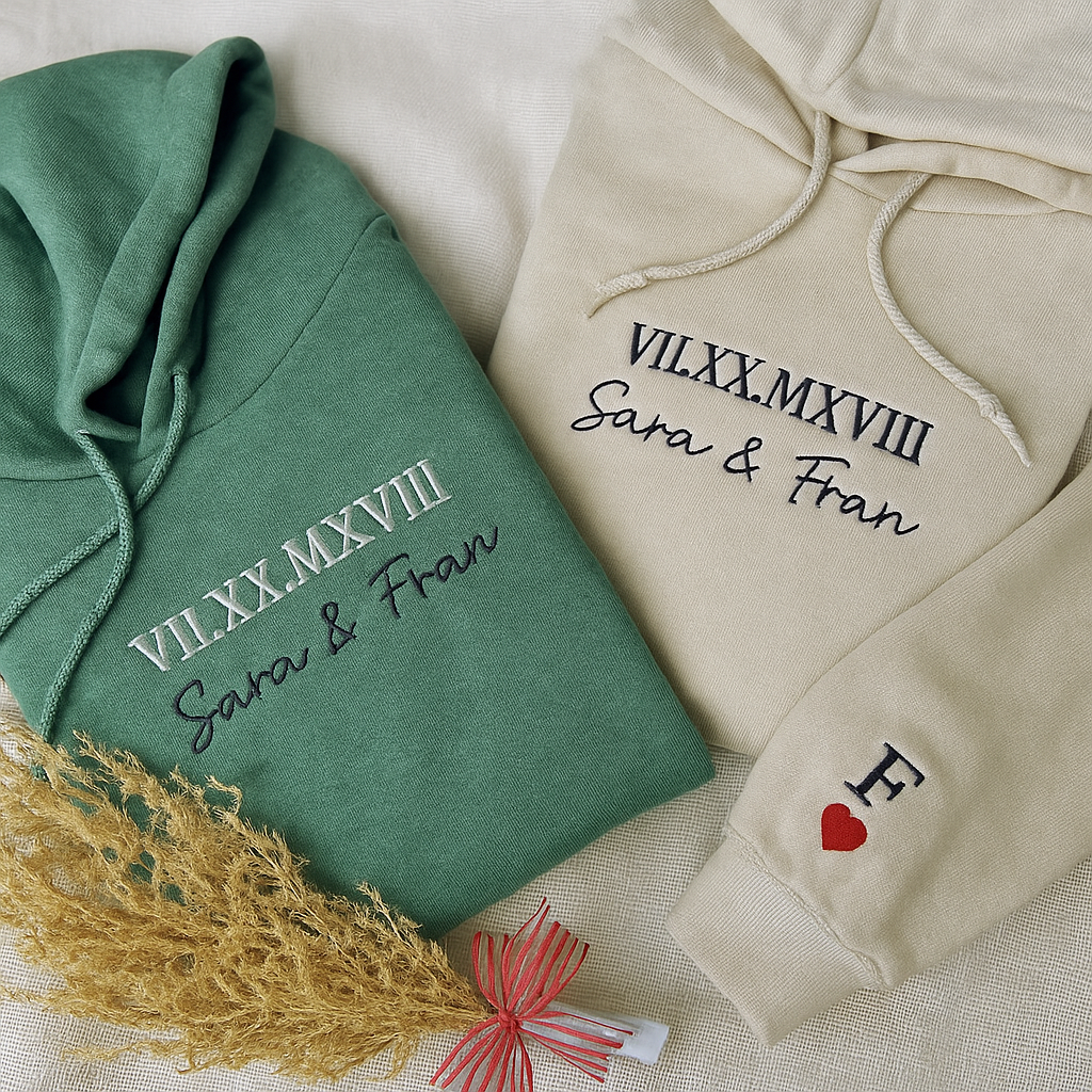 Personalized Roman Numeral  Hoodie – Couple Gift with Date & Initials Embroidery