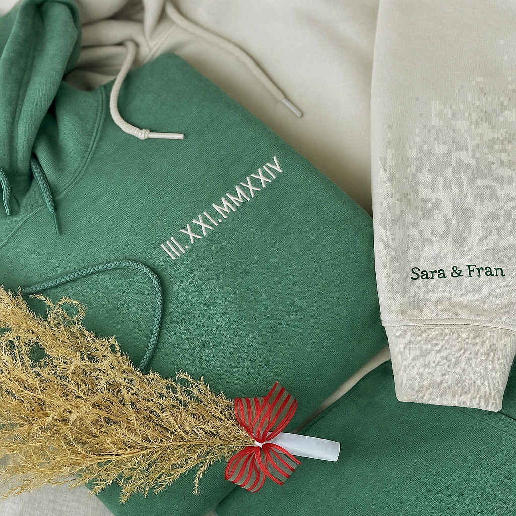 Personalized Roman Numeral  Hoodie – Couple Gift with Date & Initials Embroidery